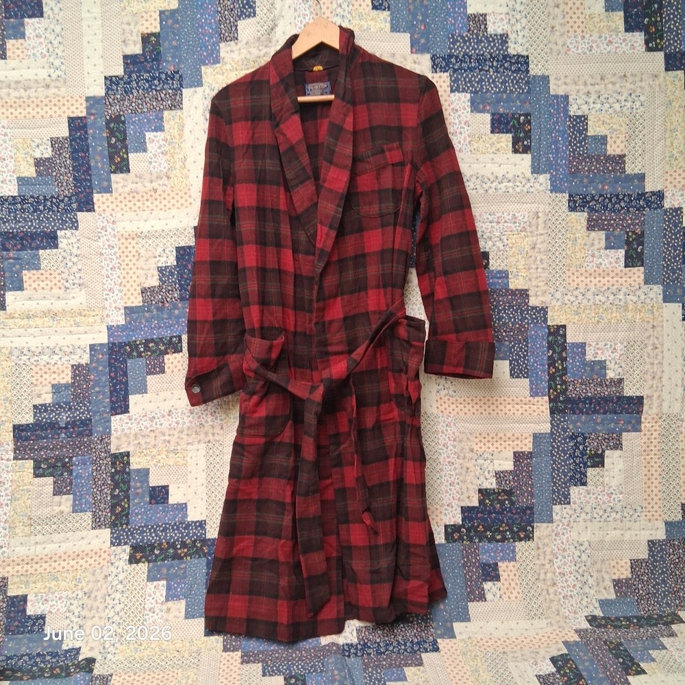 Vtg 70s Pendleton Wool Robe Red Black Sz Small Shadow Plaid Lounging Gown Belted